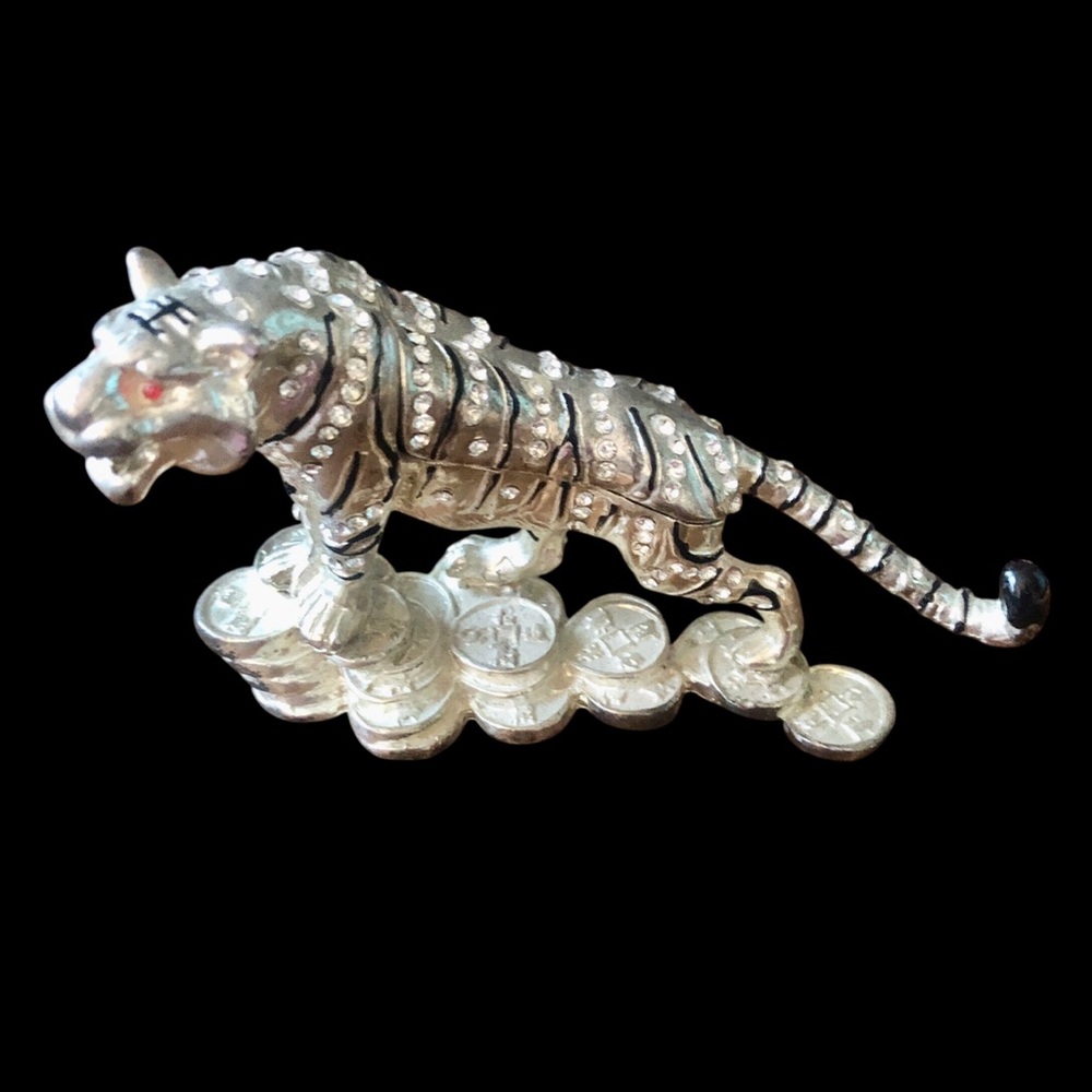 Ornate Silver Tone Tiger Trinket Box Enamel Rhinestone Hinged Magnetic Feng Shui